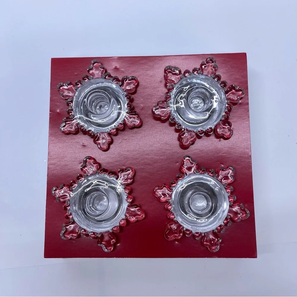 Williams Sonoma Clear Glass Snowflake Taper Candle Holders Set of 4 NEW Holiday